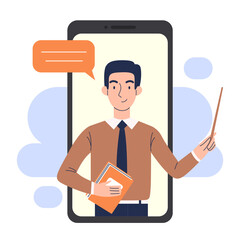 Online education on a smartphone. A man teacher conducts a lesson on a smartphone. Online learning concept.