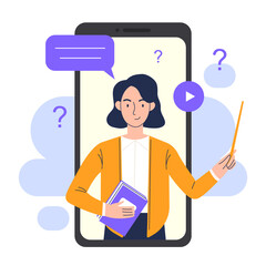 Online education on a smartphone. A woman teacher conducts a lesson on a smartphone. Online learning concept.