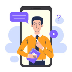 Online education on a smartphone. A man teacher conducts a lesson on a smartphone. Online learning concept.
