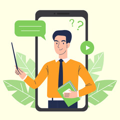 Online education on a smartphone. A man teacher conducts a lesson on a smartphone. Online learning concept.
