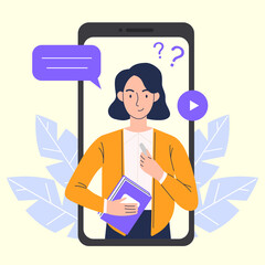 Online education on a smartphone. A woman teacher conducts a lesson on a smartphone. Online learning concept.