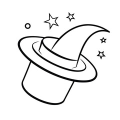 magician hat with swirling stars line outline