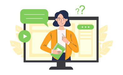 Online education on a computer. A woman teacher conducts a lesson on a computer. Online learning concept.