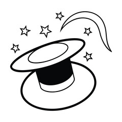 magician hat with swirling stars line outline