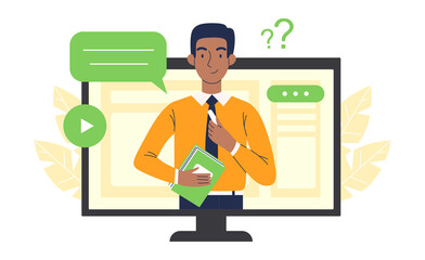 Online education on a computer. A black man teacher conducts a lesson on a computer. Online learning concept.