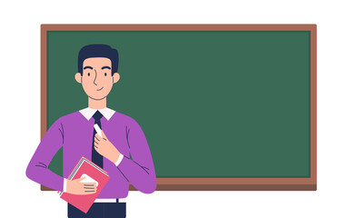 Young smiling man teacher with chalk and a book in his hands stands at the blackboard