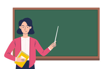 Young smiling woman teacher with a pointer in her hands stands at the blackboard.