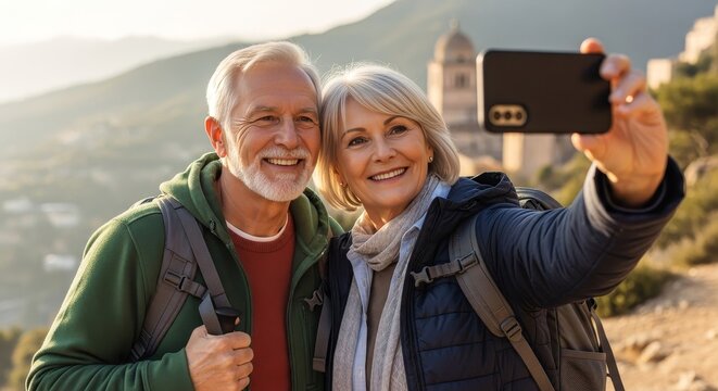 Active happy senior couple taking a selfie while hiking in the mountains