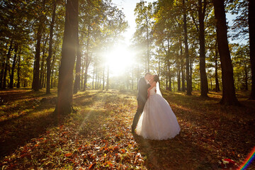 A bride and groom are kissing in the woods