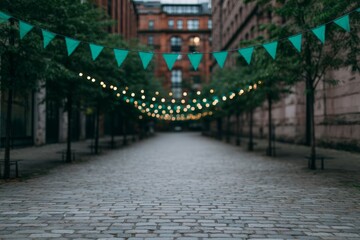Naklejka premium Cobblestone street adorned with festive pennants, capturing the spirit of a nocturnal urban fete, perfect for Nuit Blanche