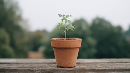 Terracotta pot cradles hopeful tomato sprout, echoing Earth Day's green whispers and National Gardening Week's nurturing touchstone