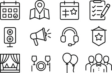 Event Planning Line Icons Set for Organization and Coordination of Special Occasions and Gatherings