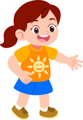 Kindergarten girl character playing outdoors very happily greeting her friends