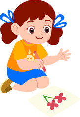 Kindergarten children's characters playing outdoors drawing red flower