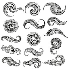 Collection of swirling, abstract, black and white design elements on a white background.