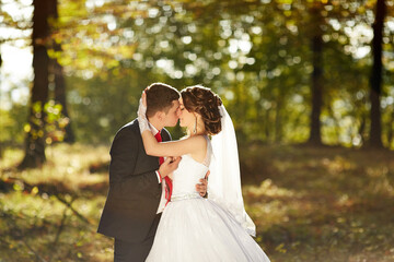 A bride and groom are kissing in a forest
