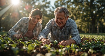 A father and daughter tending to a garden with small plants under a bright sunny sky outdoors