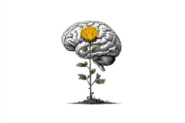 Line-Art Brain with Sunflower - Mental Growth Symbol on White