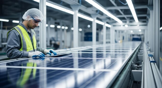 Worker on a solar panel production line in a modern factory