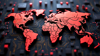 Digital World Map with Circuit Board Design, Symbolizing Global Connectivity and Technology