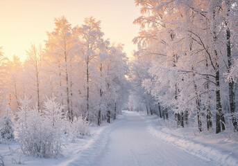 Fototapeta premium Golden sunlight through snowy winter forest