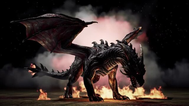 Red Dragon with Wings Spread in Smoke