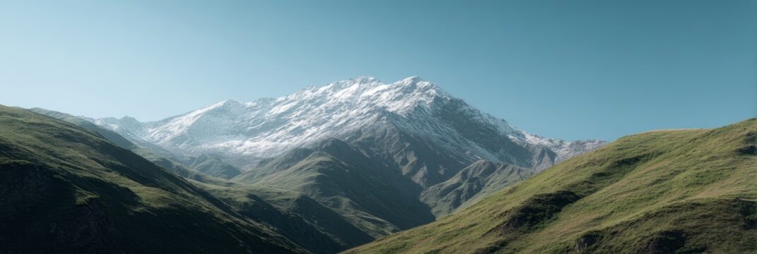 Majestic snow-capped peak kisses azure sky, whispers of Nanda Devi pilgrimage, mystical highland serenity, Earth's tranquil embrace