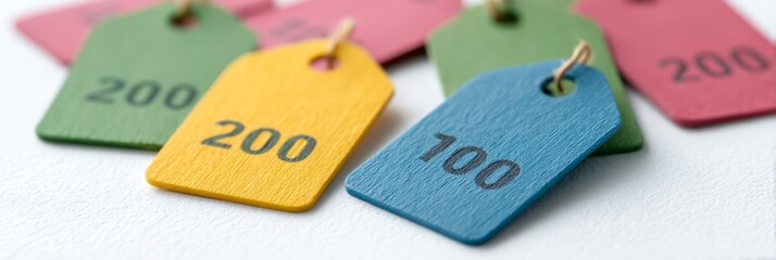 Colorful price tags dance on a white canvas, whispering tales of frugal festivities and Cyber Monday whims