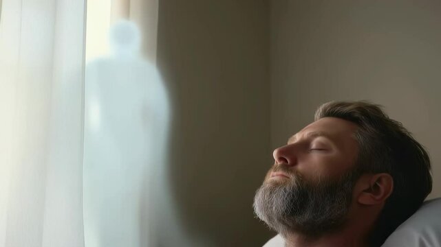 Deathbed vision: human soul flight, body repose, sacred crossing, angel encounter, spiritual farewell, eternal passage, divine light, peaceful ending, soul ascent, heavenly guidance, last moment