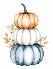 Autumn pumpkins stacked together, ornage, black and white Halloween color, cosy fall watercolor illustration on a plain white background