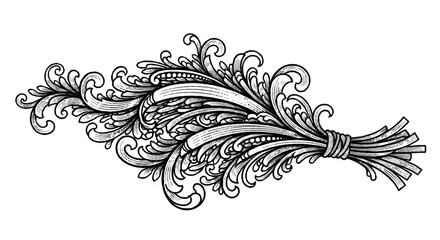 Fototapeta premium Ornate wheat sheaf illustration with detailed swirls and tied bundle, presented in a monochrome, vintage style.