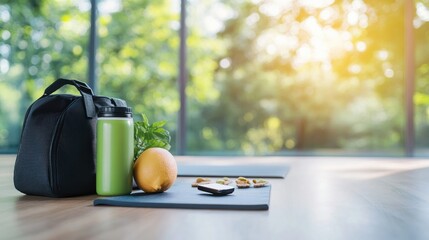Fitness gear and fruits on yoga mat