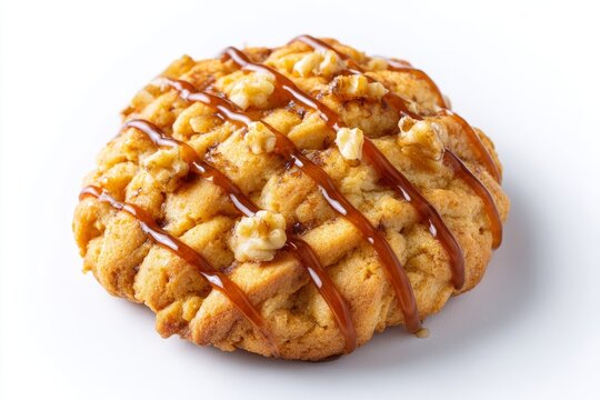 Caramel-drizzled cookie whispers autumn coziness, invoking Hygge evenings, National Cookie Day, and spiced nostalgia under crisp fall leaves