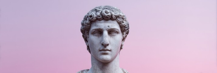 Ancient stone visage in ethereal pink twilight, evoking classical nostalgia, aesthetic appreciation, World Art Day celebration, timeless elegance