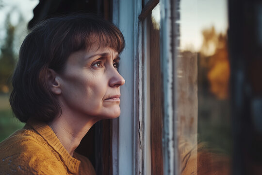 Woman in warm-toned sweater seen looking out rustic window with thoughtful gaze during evening golden hour. Aging and contemplation concept

