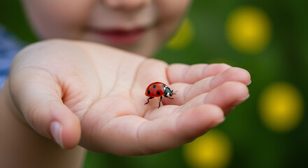 Child holding ladybug close up nature