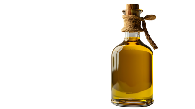 Glass bottle of extra virgin olive oil with golden liquid, isolated on transparent background

