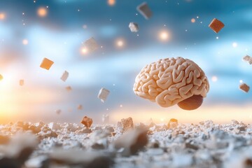 Floating brain over crumbling fragments