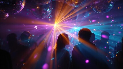 Abstract dance floor with silhouettes backlit by exploding colorful lights layout