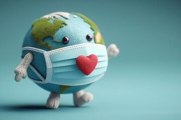 Masked Earth Globe with Heart - Global Health Unity Symbol on Teal Background