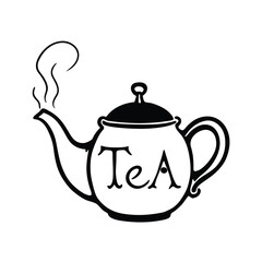teapot with steam letters forming tea