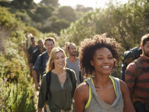 diverse group hiking outdoors summer active lifestyle nature trail friends adventure backpacking wilderness - Powered by Adobe