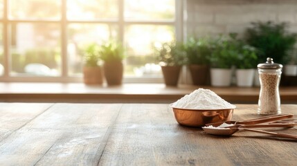 Flour bowl on wooden table kitchen