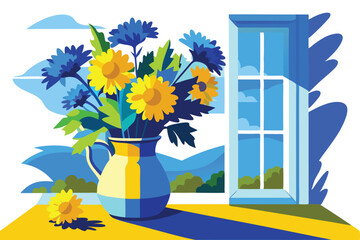 Abstract Still Life Blue and Yellow Flowers in Pitcher by Window with Landscape View