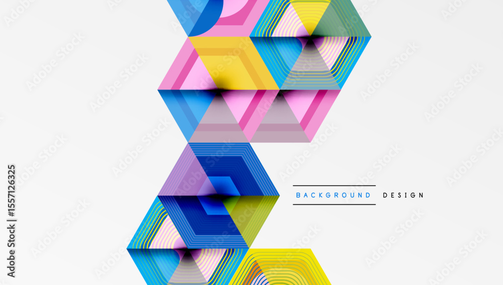 Poster Abstract geometric composition. Hexagonal shapes overlap, creating vibrant colorful layers. Modern design element for backgrounds.