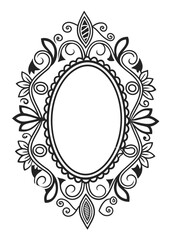 Vintage floral oval frame, black and white hand drawn decorative border illustration