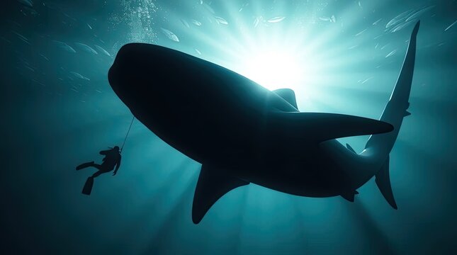 A diver and whale shark silhouette with modern future aesthetics, using lens glow lighting for a heroic and massive scale