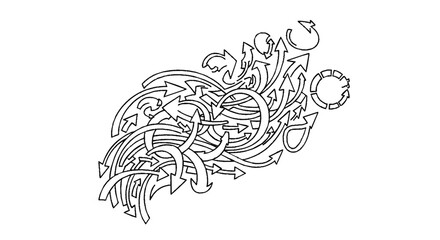 A dynamic cluster of interconnected arrows pointing in various directions, creating a sense of movement and complexity.