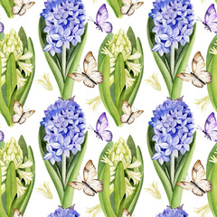 seamless pattern with blue and white hyacinths, flying butterflies, hand drawn watercolor spring flowers with green leaves, Easter illustration of primroses bouquet for decoration