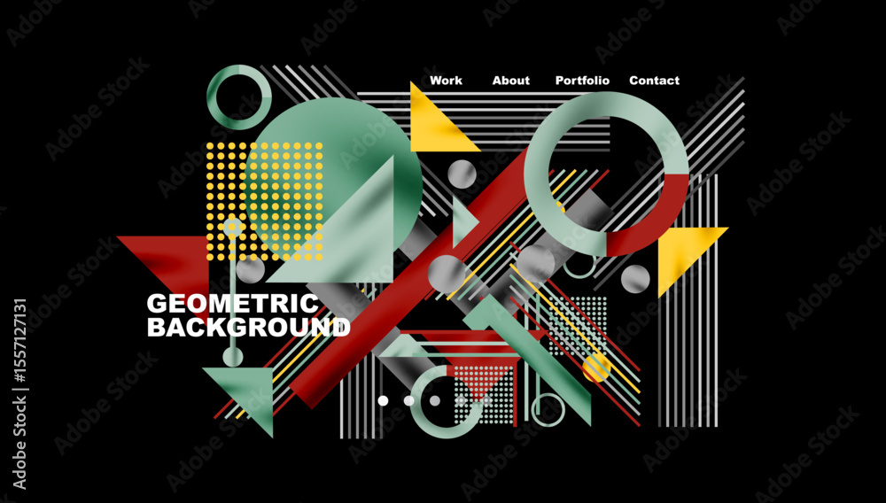 Poster Abstract geometric composition. Shapes overlap, creating dynamic visual effect. Text reads geometric background. Minimalist design on black backdrop.